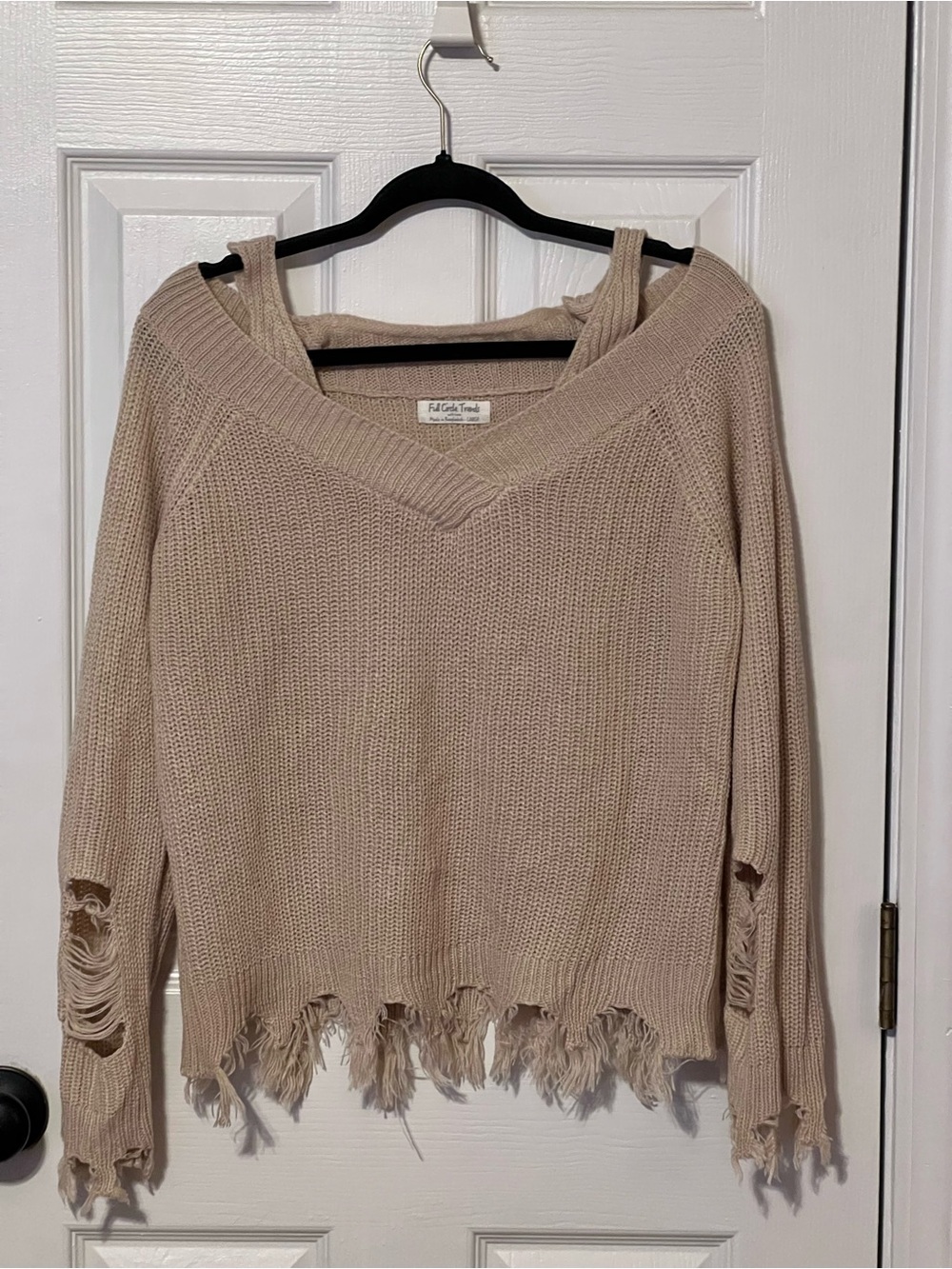 Full Circle Trends Distressed Cutout Shredded Knit Sweater Beige